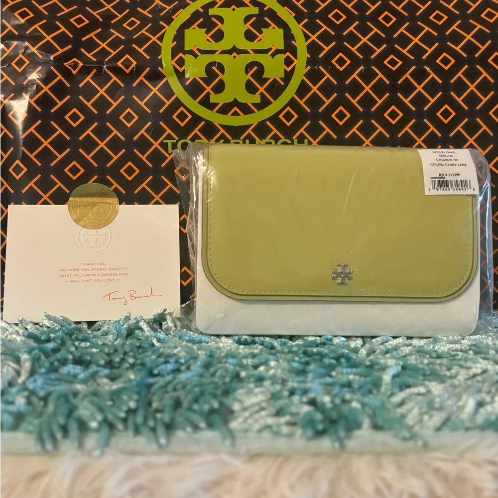Brand New Authentic Tory Burch Emerson Patent Chain Wallet Candy Lime /705 - Picture 5 of 6